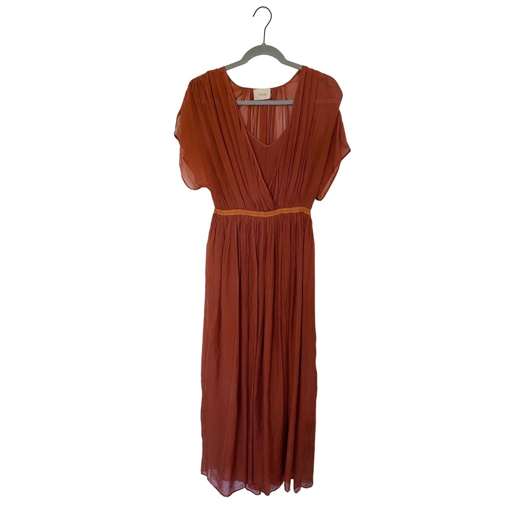Dress 100% Silk Pleated Chiffon Maxi Dress Size 1 Rust Red‎ Italy Luxury Boho